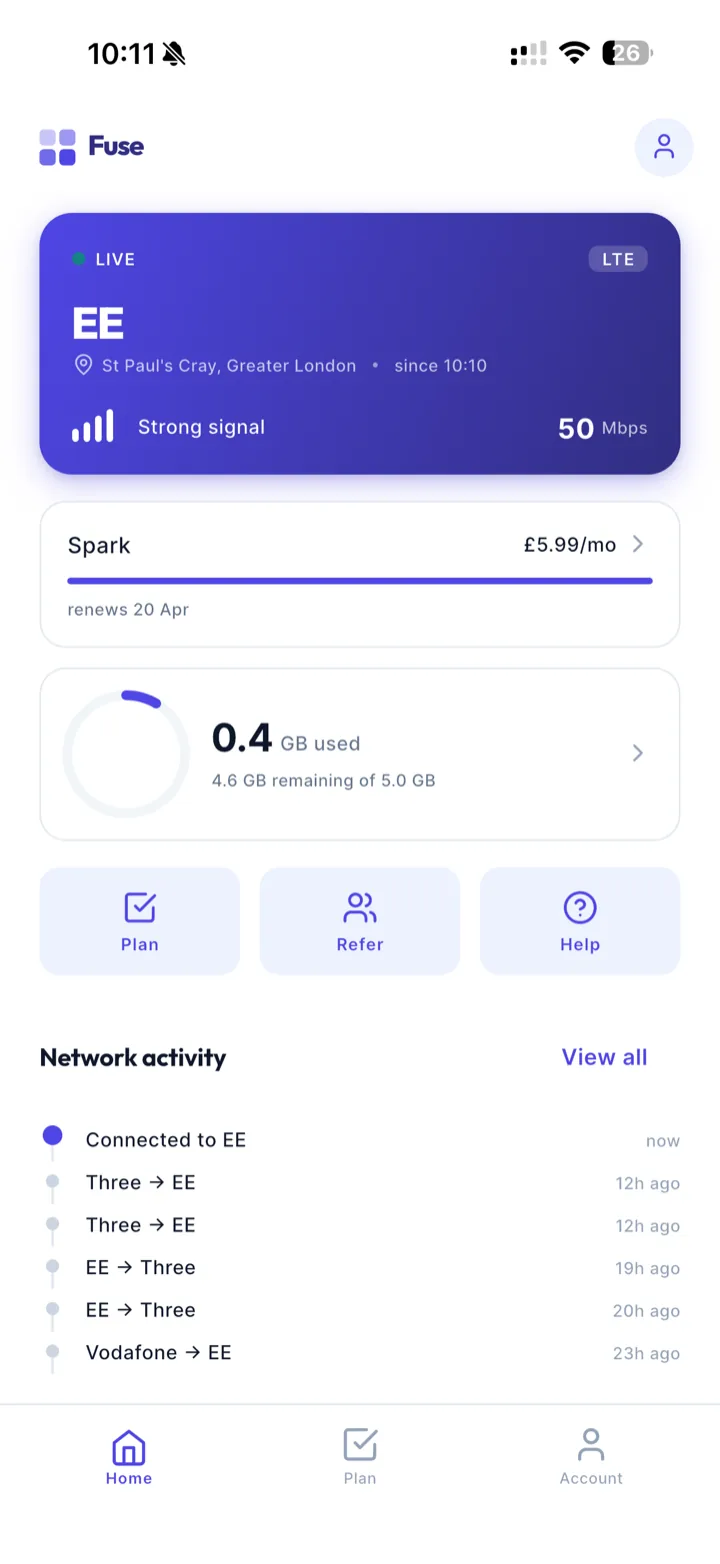 Application Fuse — tableau de bord montrant la connexion en cours au meilleur réseau