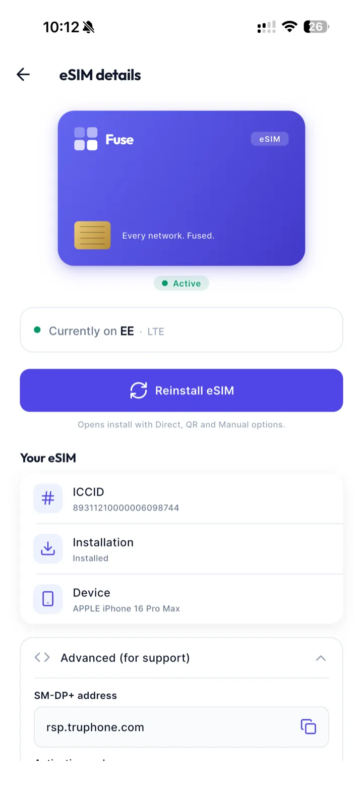 Application Fuse — écran d’installation de l’eSIM en un geste