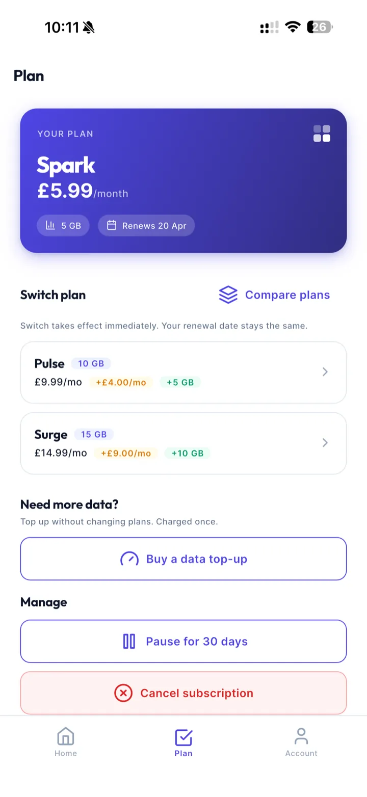 Application Fuse — écran des forfaits Lien, Alliance et Fusion